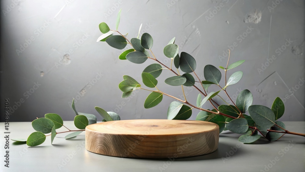 Poster a wooden pedestal with a eucalyptus branch resting on a grey surface against a textured background.