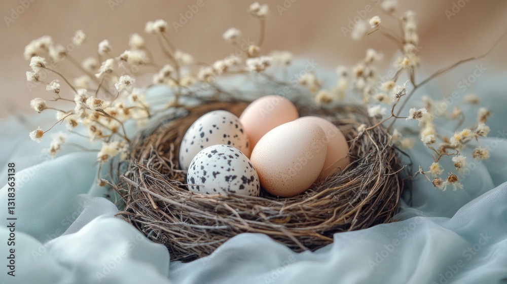 Poster A cozy nest cradles an assortment of artistically adorned eggs. Surrounding the nest are charming blossoms, creating a tranquil and inviting atmosphere