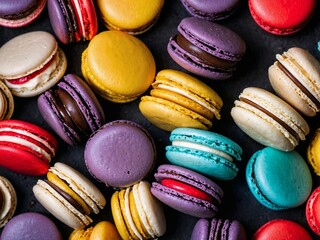 Macarons in yellow, teal, red, and purple. The delicate, crispy crust and cream between the layers provide visual interest. Generative AI.