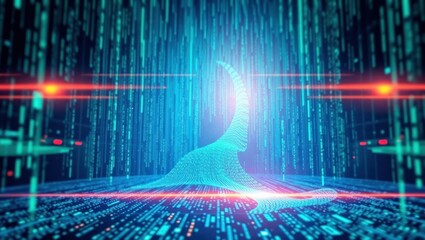 Digital figure in binary code tunnel