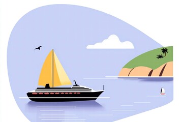 Naklejka premium Flat Design Illustration of a Sailing Cruise Ship on a Calm Sea with Green Island Background