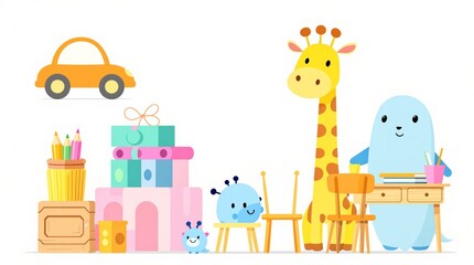 A fun illustration of toys, pencils, drawings, gifts, a car, giraffe, and a seal. Bright colors, playful objects on white background. Child-friendly concept. Ai generative