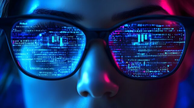 A woman in glasses examining digital interfaces - Powered by Adobe