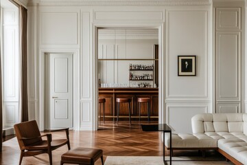 Fototapeta premium Elegant living room with bar area, hardwood floors, and mid-century modern furniture.