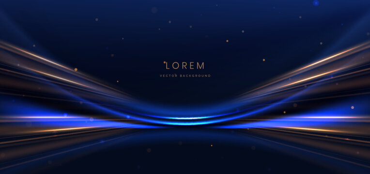 Abstract elegant blue curve and gold line with lighting effect sparkle on blue background.