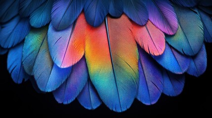 Feathers overlap, radiating rainbow hues against dark. Detailed. Close up