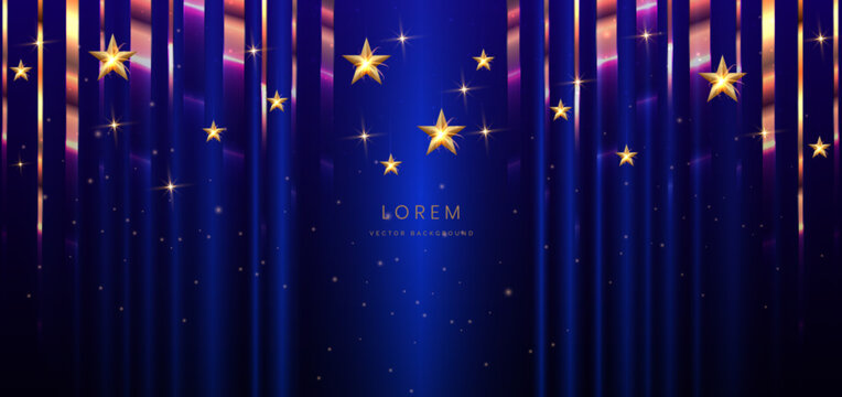 Luxury blue curtain background with golden satr elegant. Happy party celebration.