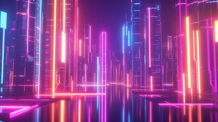 Cyberpunk-inspired abstract cityscape with vibrant neon lights and reflective glass structures, creating a futuristic and high-tech vibe.
