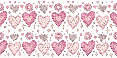 Delicate Pink Hearts with Floral Accents and Sparkling Stars, A Romantic Seamless Pattern for Designs and Backgrounds