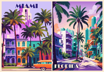 Naklejka premium Miami Florida Travel Destination Posters in retro style. American city digital prints. Summer vacation, holidays concept. Vintage vector colorful illustrations.