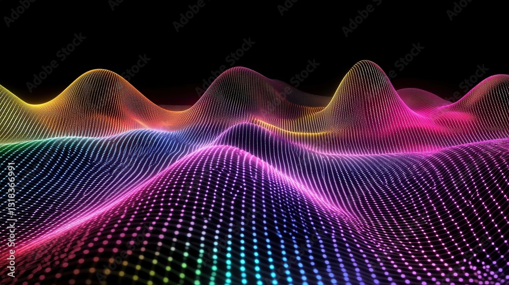 Poster vibrant abstract wave patterns in colorful gradient, creating a digital landscape effect