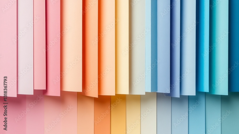 Poster soft pastel sheets of paper hang gracefully in a gradient, transitioning from pinks and oranges to b