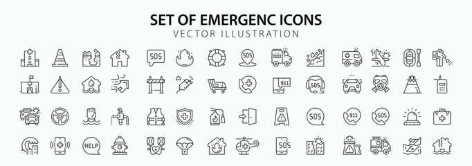 Set of line icons in linear style. Set - Emergency. Sos. Dangerous situation and incident, disaster, accident. Help and salvation.Outline icon collection. Pictogram and infographic. Editable stroke. 