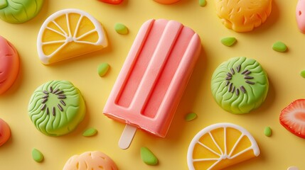 Colorful Popsicle and Fruit Arrangement on Yellow Background