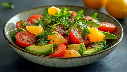 Colorful Fresh Salad with Avocado, Tomatoes, and Oranges