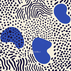 Fototapeta premium Minimalist abstract pattern with blue shapes, black dots and lines on beige background. Modern design for textile, print, web, banner, wallpaper.