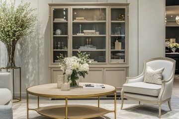 Fototapeta premium Elegant living room with glass-front cabinet, armchair, and coffee table.