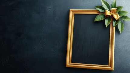 Elegant Golden Frame with Green Leaves and Bow on Dark Background