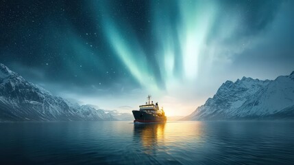 A boat is sailing in the ocean with a beautiful aurora in the background