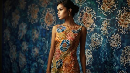 Woman in floral dress, studio portrait