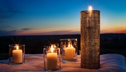 A tall, elegant candle holder with multiple candles lighting up the evening sky, surrounded by a soft, textured fabric backdrop