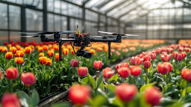Drone surveying tulip greenhouse crop - Powered by Adobe