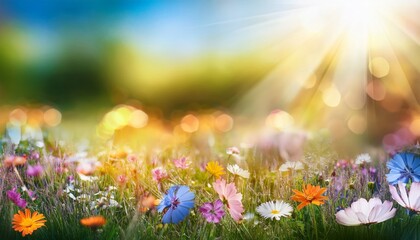 Fototapeta premium Colorful flower meadow with flowers in pastel hues with sunbeams in summer