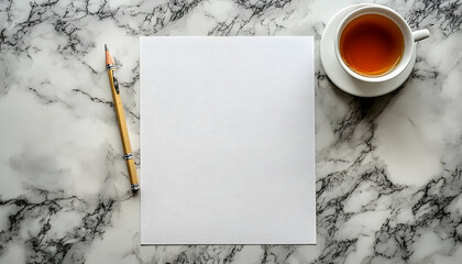 Blank Paper And Teacup On Marble Surface With Pencil