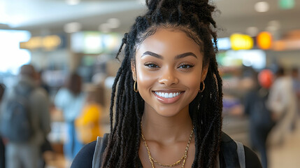 Smiling Young Woman In Airport Food Court