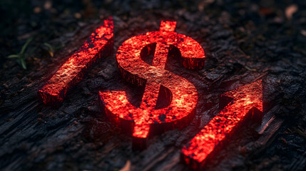 Glowing Dollar Signs And Arrows On Charred Wood