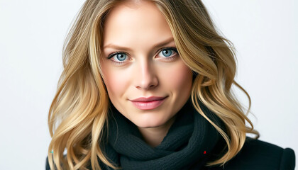 Naklejka premium A Serene Blonde Woman With Captivating Blue Eyes, Exuding Quiet Confidence In A Soft, Neutral Setting