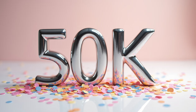 Silver 50K balloon with colorful confetti on pastel background, celebration milestone