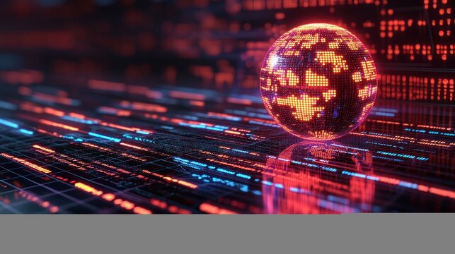 Digital globe on glowing data grid