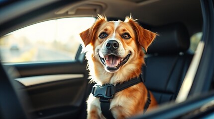 travelling with dog, Happy dog traveling in a car with a seatbelt on a sunny day, Pet Photography for Blogs, Websites, and Social Media Campaigns
