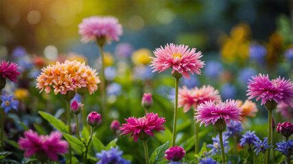 Obraz premium Vibrant Garden of Colorful Flowers Blooming in Sunny Springtime