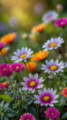 Vibrant Garden of Colorful Flowers Blooming in Sunny Springtime