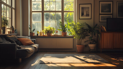 Sunlit Living Room with Fresh Green Plants Decor