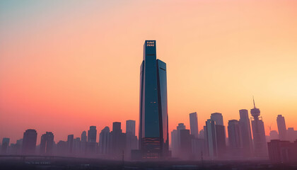 Fototapeta premium Dramatic Sunset Over Urban Skyline with Towering Skyscrapers