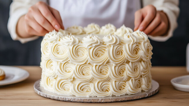 Close up of hands decorating homemade cake with creamy frosting, showcasing intricate designs and beautiful finish. Perfect for baking enthusiasts and dessert lovers