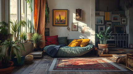 Sunlit Relaxing Area in a Bright - Colored Living Room