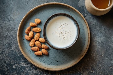 Almond Delight: A close-up shot of a bowl of almond milk on a ceramic plate, accompanied by a handful of raw almonds, creating a delightful composition.