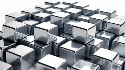 Close Up View of Metallic Cubes and a Bar on White Background