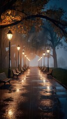 Fototapeta premium Low angle Rainy park walkway with lamps and benches, wet surface reflecting lights, night scene, depression, loneliness, autumn.