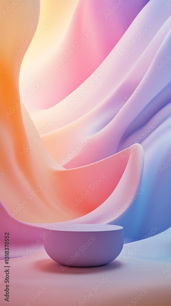 Poster soft waves of pastel colors flow elegantly, creating a tranquil atmosphere. a delicate bowl sits at 