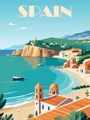 Fototapeta premium Spain Travel Destination Poster in retro style. Mediterranean coastal landscape print. European summer vacation, holidays concept. Vintage vector colorful illustration.
