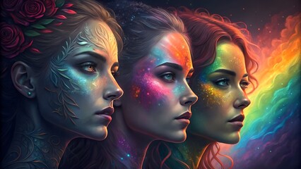 Ethereal Trio of Women with Vibrant Fantasy Face Art