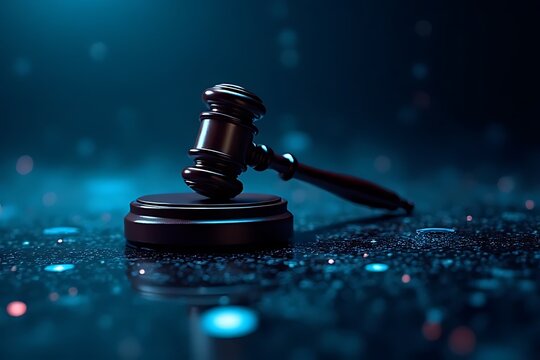 Judicial action gavel on reflective surface legal concept dark environment dramatic viewpoint