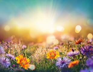 Fototapeta premium Colorful flower meadow with flowers in pastel hues with sunbeams in summer