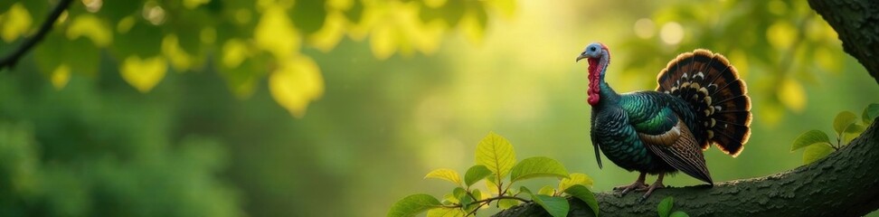 Fototapeta premium A stylish turkey in shades perched on a branch with lush foliage, scenery, bird, foliage