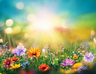 Fototapeta premium Colorful flower meadow with flowers in pastel hues with sunbeams in summer